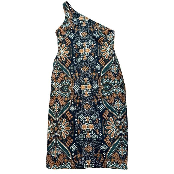 Anthropologie One Shoulder Jacquard Midi Dress Sz MP NEW Black Golden Yellow - Picture 3 of 11